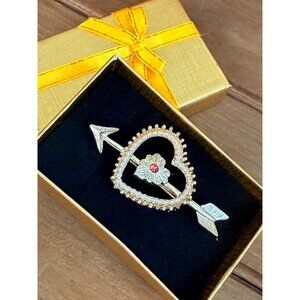 Vintage Gold Tone Pearl Heart & Arrow Brooch With Red Crystal Flower Pin In Gift